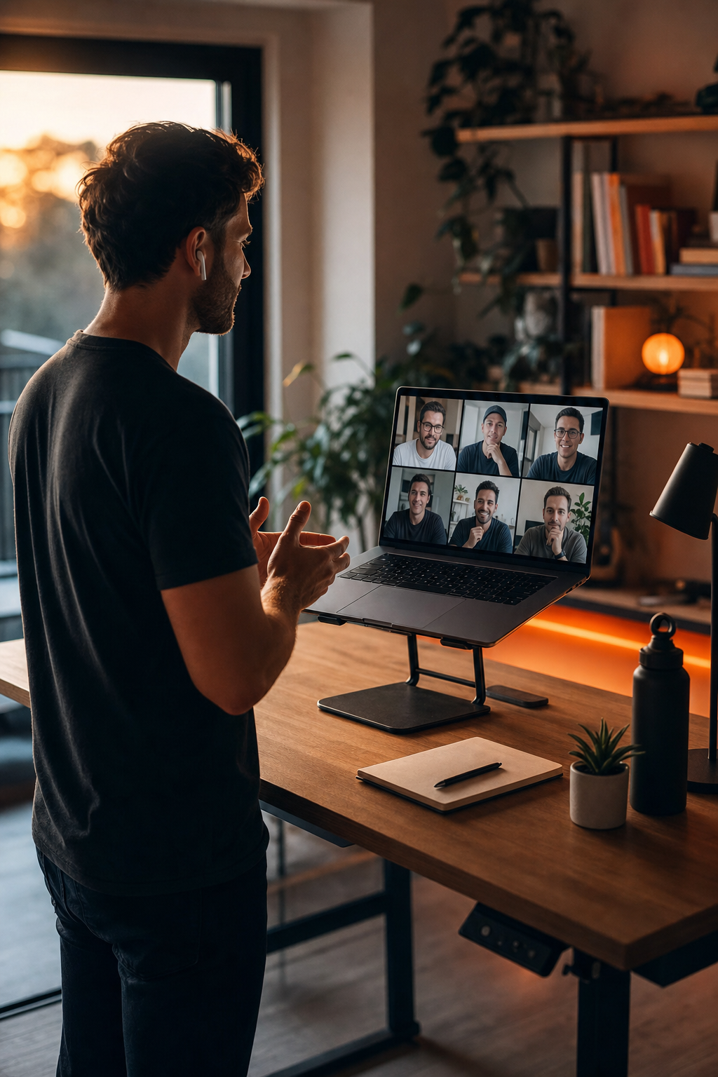 Cinematic wide shot of a SaaS founder at a standing desk in a modern home office, laptop open showing a video call grid of fellow founders, warm orange accent lighting, focused and energized atmosphere. Alt: SaaS founder mastermind group video call for bootstrapped founders.