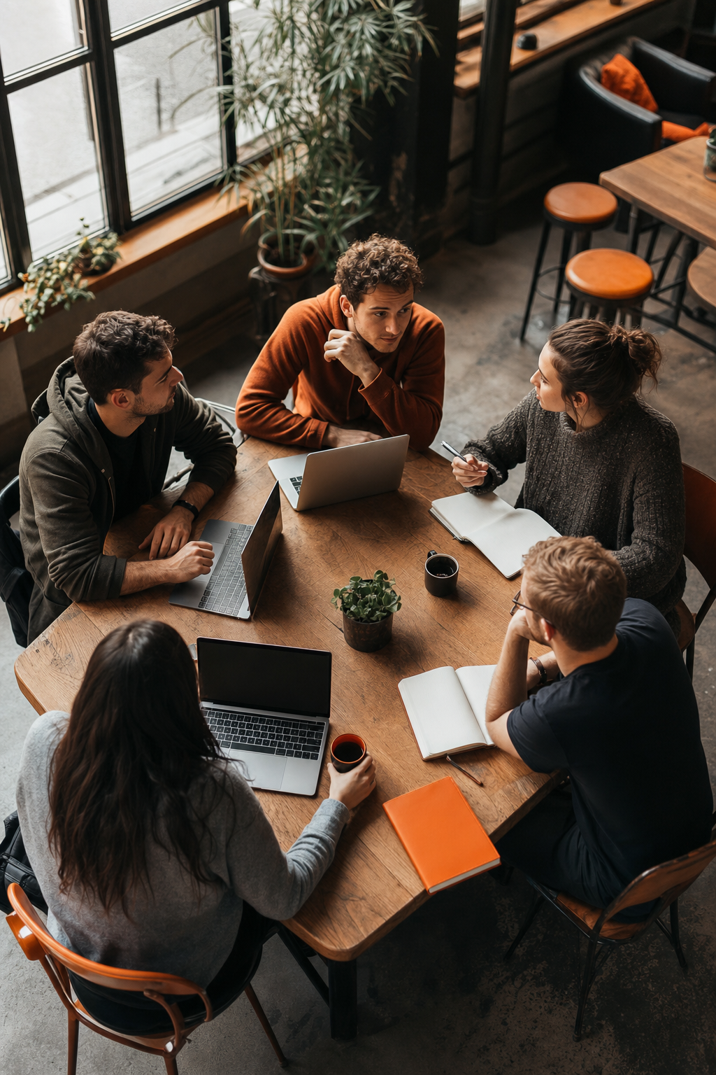 Cinematic overhead shot of a small group of indie hackers gathered around a wooden table with laptops and notebooks, casual coffee shop setting, warm natural light through large windows, collaborative and focused energy. Alt: Indie Hackers peer mastermind accountability group meeting.