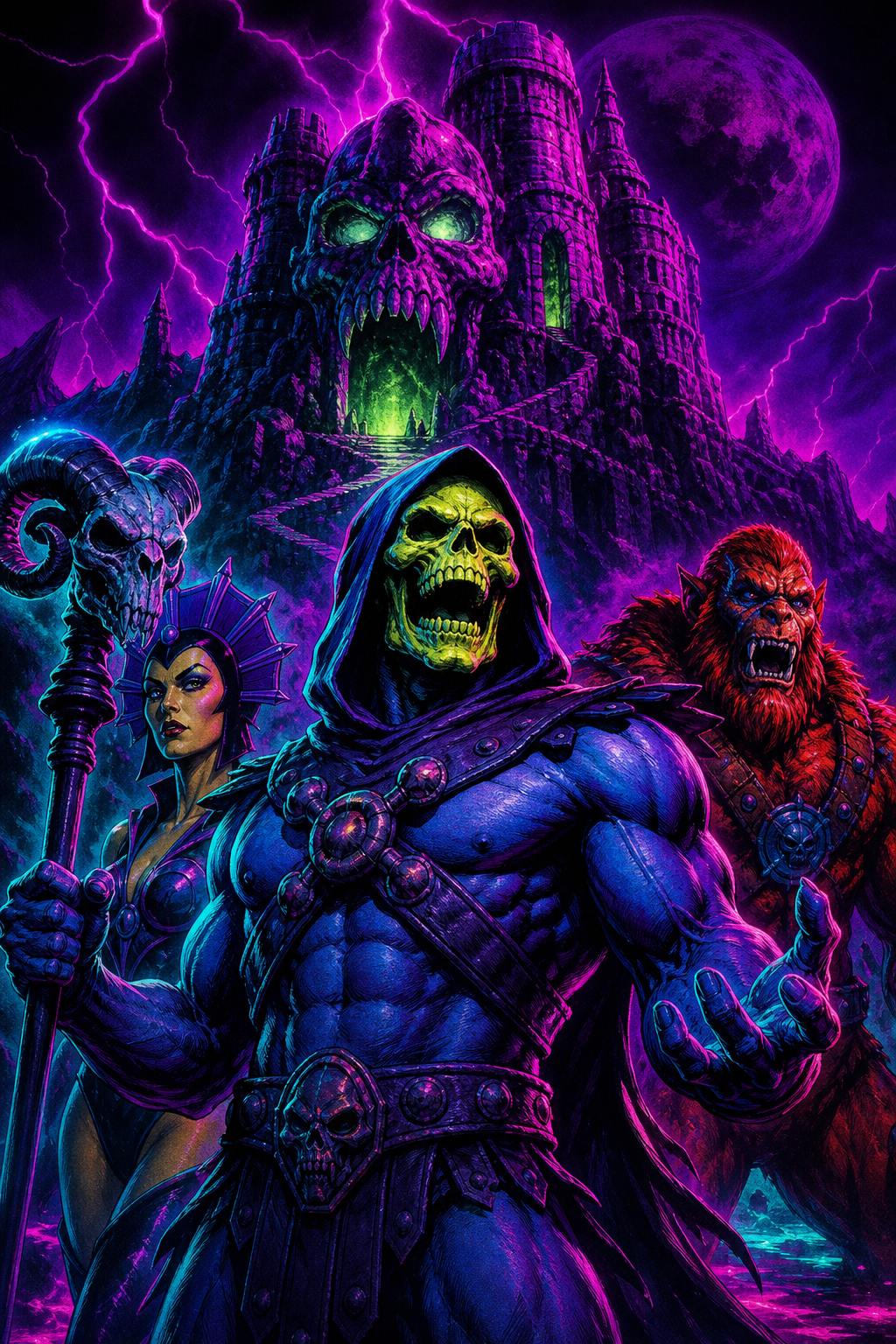 A dark, neon-drenched image of Skeletor laughing, flanked by Evil-Lyn and Beast Man, with Snake Mountain glowing in the background, all in a retro 80s comic book style with vibrant purple and green accents. Alt: Skeletor and his evil minions from Masters of the Universe.