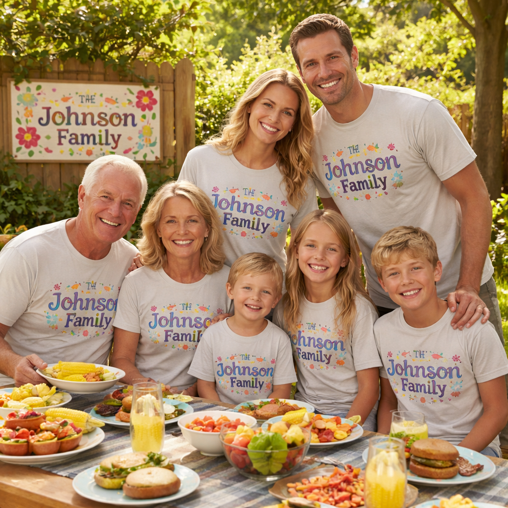 A photorealistic scene of a multigenerational family gathered around a backyard picnic table, each wearing coordinating matching family shirts with a playful custom design. Sunlight filters through trees, casting soft shadows. In the background, a stylish wooden family‑name sign hangs on a fence, adding a warm, handcrafted touch. Alt: Matching family shirts print on demand showcase family unity and personalized style.