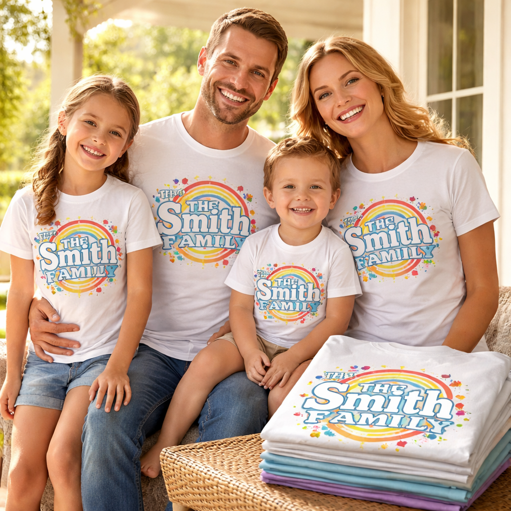 A photorealistic scene showing a mom, dad, and two kids wearing matching family shirts printed on demand. They're on a sunlit porch, a neatly folded stack of shirts nearby, textures of cotton visible and colors vibrant, conveying warmth and togetherness. Alt: matching family shirts print on demand family portrait.