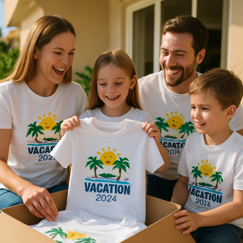 A happy family unpacking a box of custom‑printed vacation shirts on a sunny patio. Alt: matching family vacation shirts delivered to a vacation rental