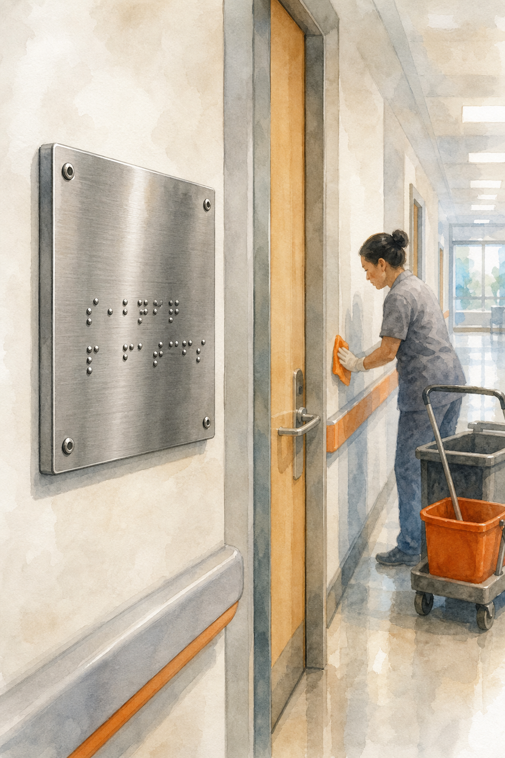 A photorealistic watercolor scene of a hospital corridor with a brushed stainless steel braille sign mounted at hand height beside a door, a cleaning staff member wiping a nearby surface, warm light with subtle orange accents. Alt: señalética braille en acero inoxidable resistente a desinfectantes en pasillo hospitalario.