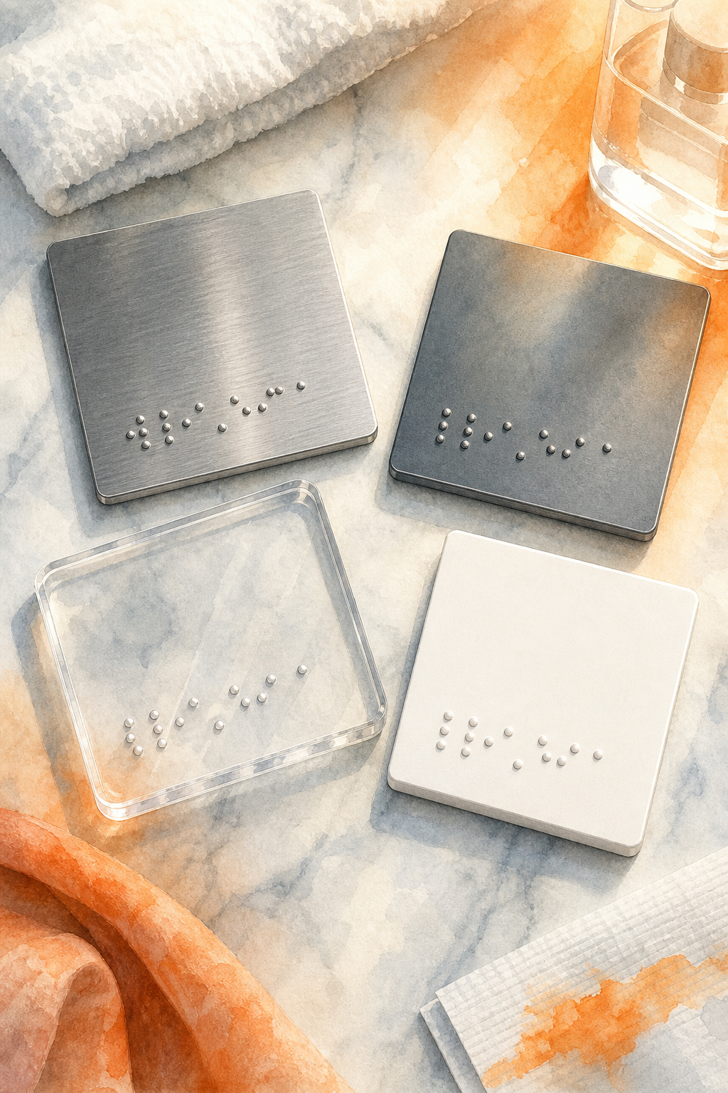 A watercolor flat-lay comparison of four signage material swatches , brushed metal, anodized aluminum, clear acrylic, and dense PVC , arranged on a clean clinical surface with small braille dots visible, soft orange accent lighting. Alt: comparativa de materiales para señalética braille resistente a desinfectantes hospitalarios.