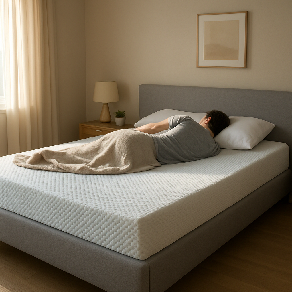 A serene bedroom with a person lying on a cool‑looking mattress, soft morning light filtering in, highlighting the mattress’s breathable texture. Alt: mattress for hot sleepers with cooling technology and breathable design.