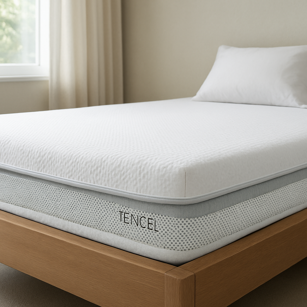 A side‑view of a bedroom showing a mattress with ventilated edges, a thin graphene‑infused foam layer, and a breathable TENCEL™ mattress protector. Alt: mattress for hot sleepers with cooling technology and breathable bedding.