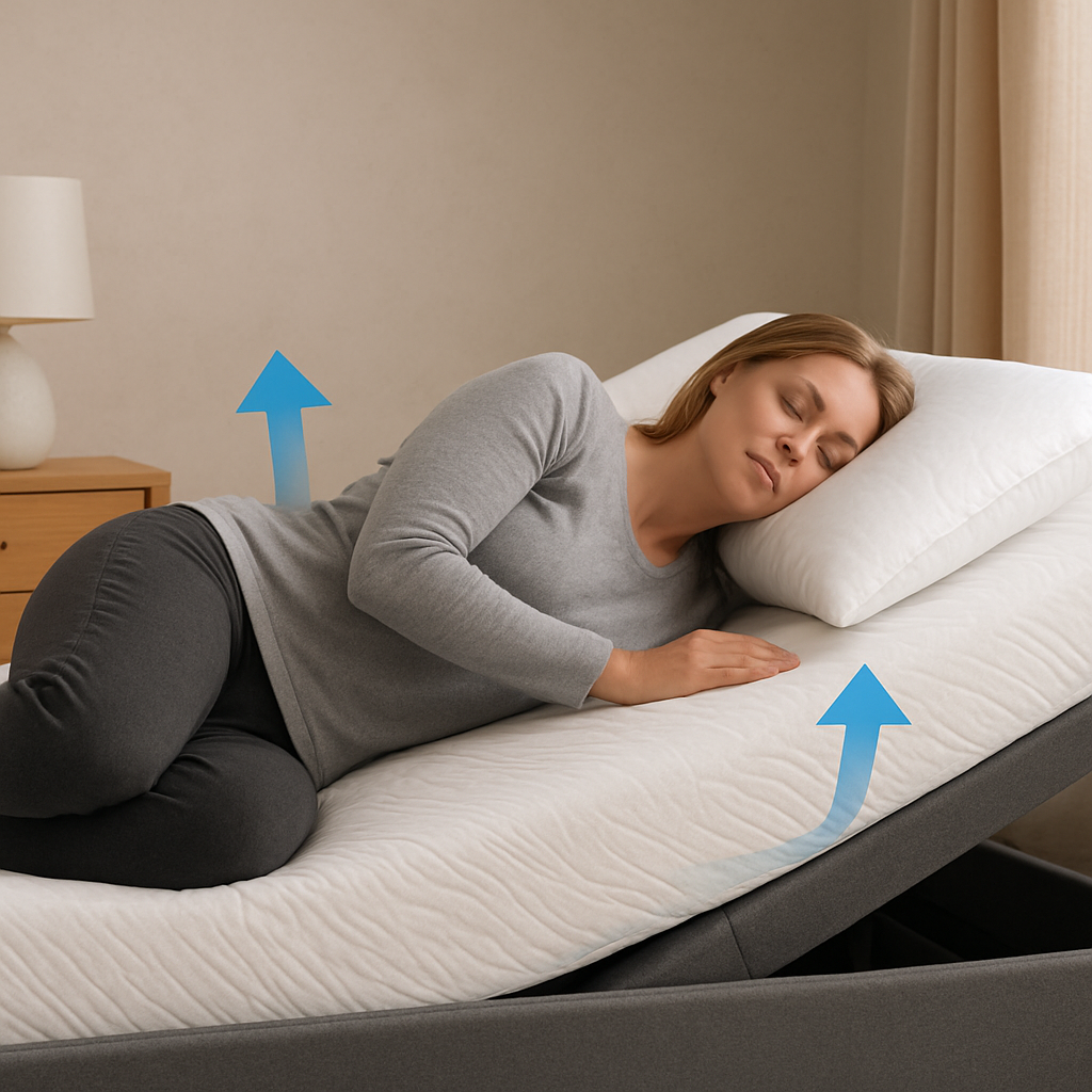 A side sleeper lying on an adjustable bed, with subtle head‑up and knee‑up angles highlighted. Alt: mattress for side sleepers australia testing guide showing shoulder and hip alignment.