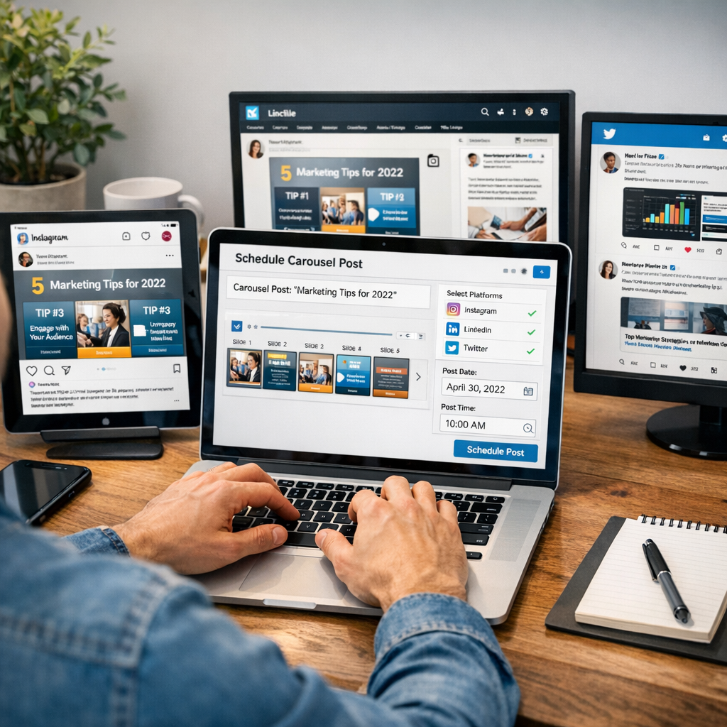A digital marketer using a laptop to schedule a social media carousel, with multiple device screens showing Instagram, LinkedIn, and X feeds open. Alt: Digital marketer scheduling posts on multiple platforms