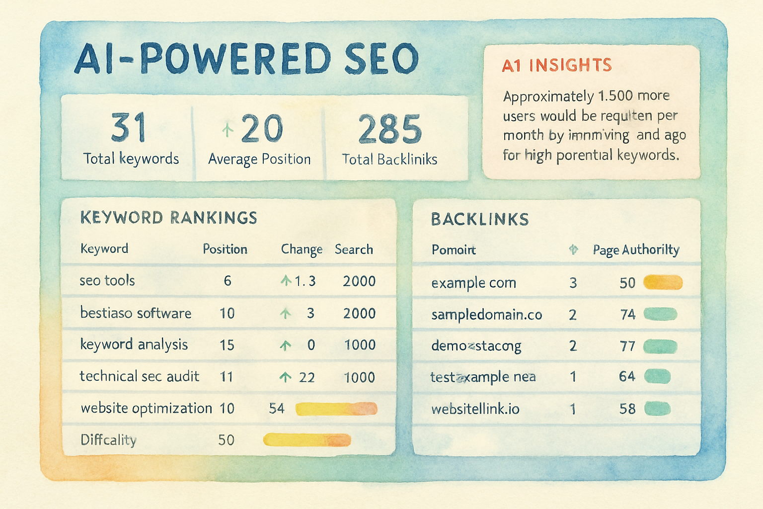 Screenshot of AI-powered SEO dashboard with keywords and backlink metrics. Alt: Automated SEO performance tracking tools dashboard showcasing keyword rankings and AI insights.