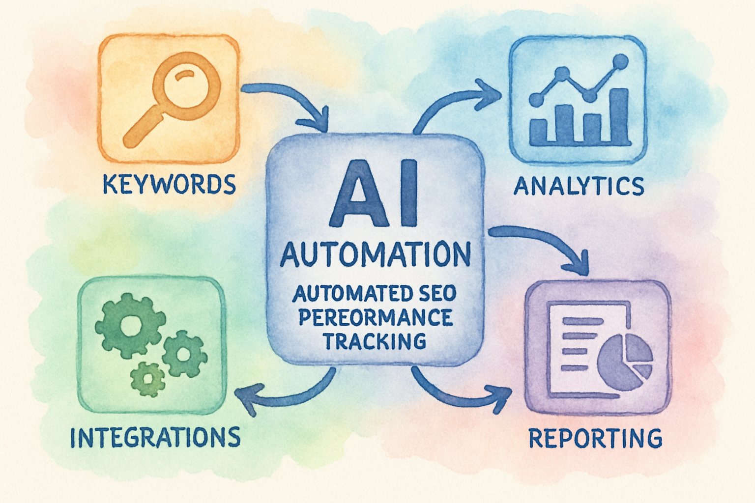 Illustration of AI automation workflow in SEO showing tools integrating and data flowing automatically. Alt: Diagram showcasing automated SEO performance tracking tools workflow with AI and integrations.