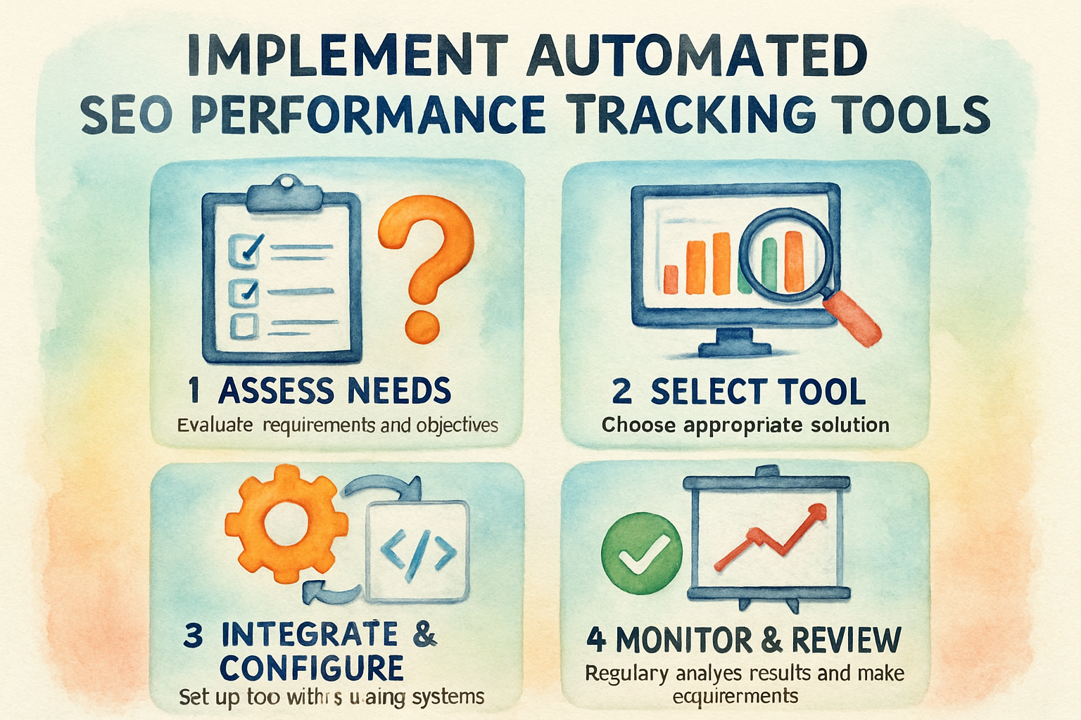 Infographic showing step-by-step process to implement automated SEO performance tracking tools. Alt: Stepwise diagram guiding SEO teams to implement automated SEO performance tracking tools in workflows.