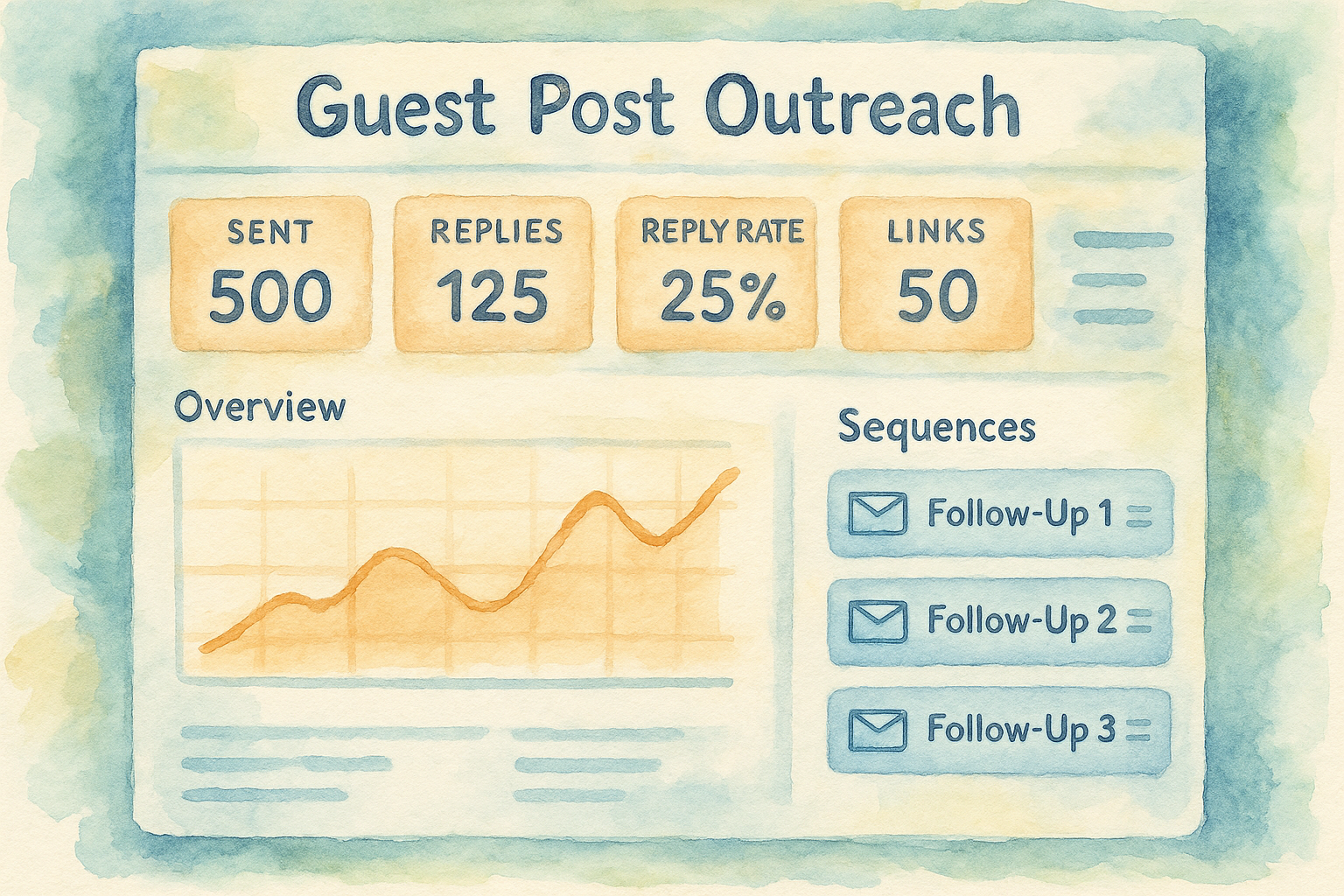 Illustration of a dashboard showing automated guest post outreach campaign analytics and follow-up sequences. Alt: Automated guest post outreach platform dashboard with metrics and email sequences.
