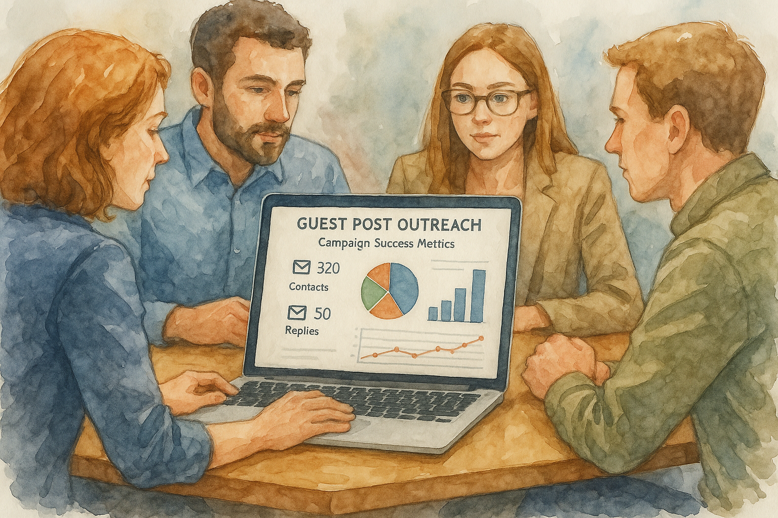 Marketing team reviewing automated guest post outreach data on a laptop during a meeting. Alt: Reviewing guest post outreach campaign success metrics using an automated platform.
