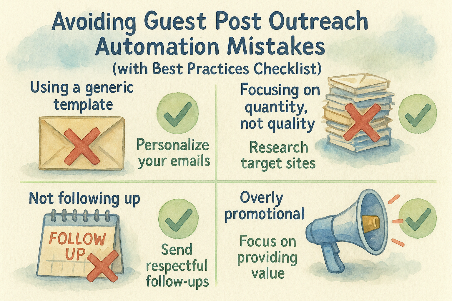 Graphic showing common guest post outreach pitfalls with tips to avoid them. Alt: Avoiding guest post outreach automation mistakes with best practices checklist.