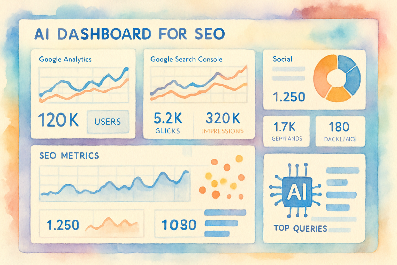 Screenshot of a comprehensive AI SEO dashboard combining Google Analytics, Search Console, and social data. Alt: AI dashboard for SEO integrating multiple marketing data sources.