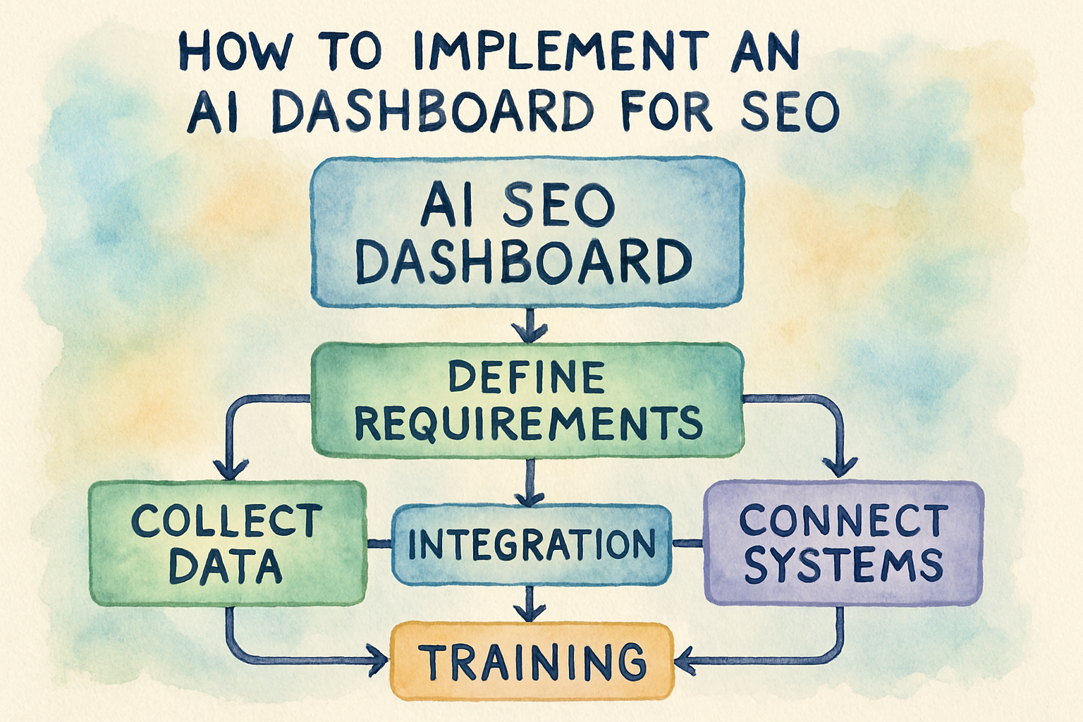 Flowchart showing the AI SEO dashboard implementation process. Alt: How to implement an AI dashboard for SEO with integration and training steps.