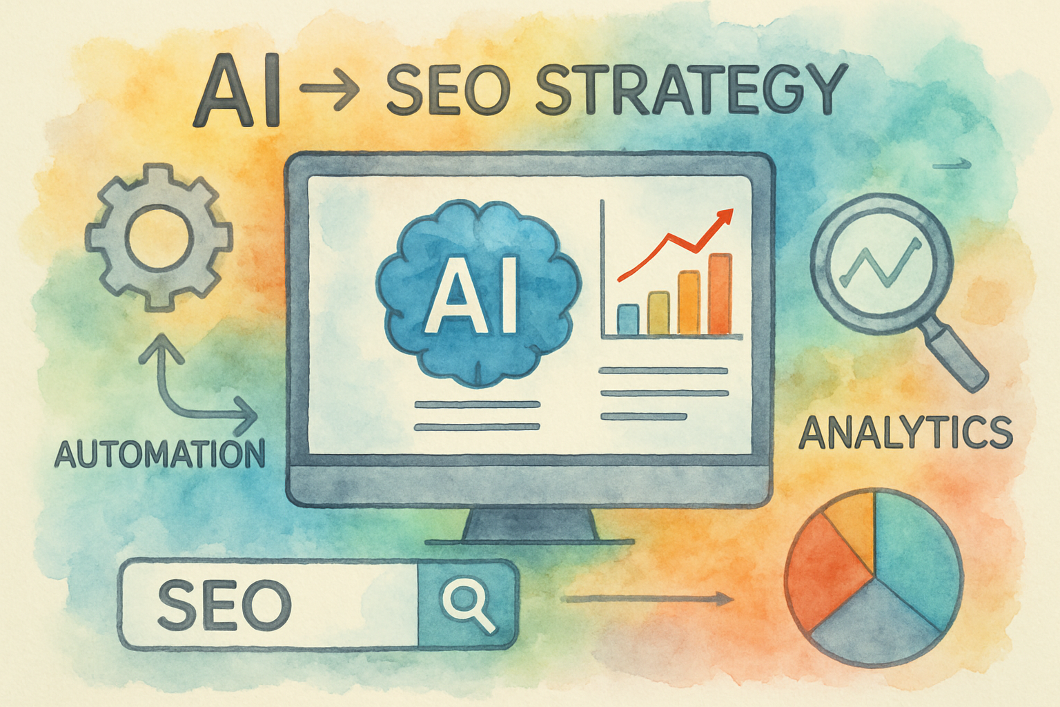 Conceptual illustration of AI powering SEO strategy with automation and analytics. Alt: AI dashboard for SEO demonstrating automation and actionable insights.