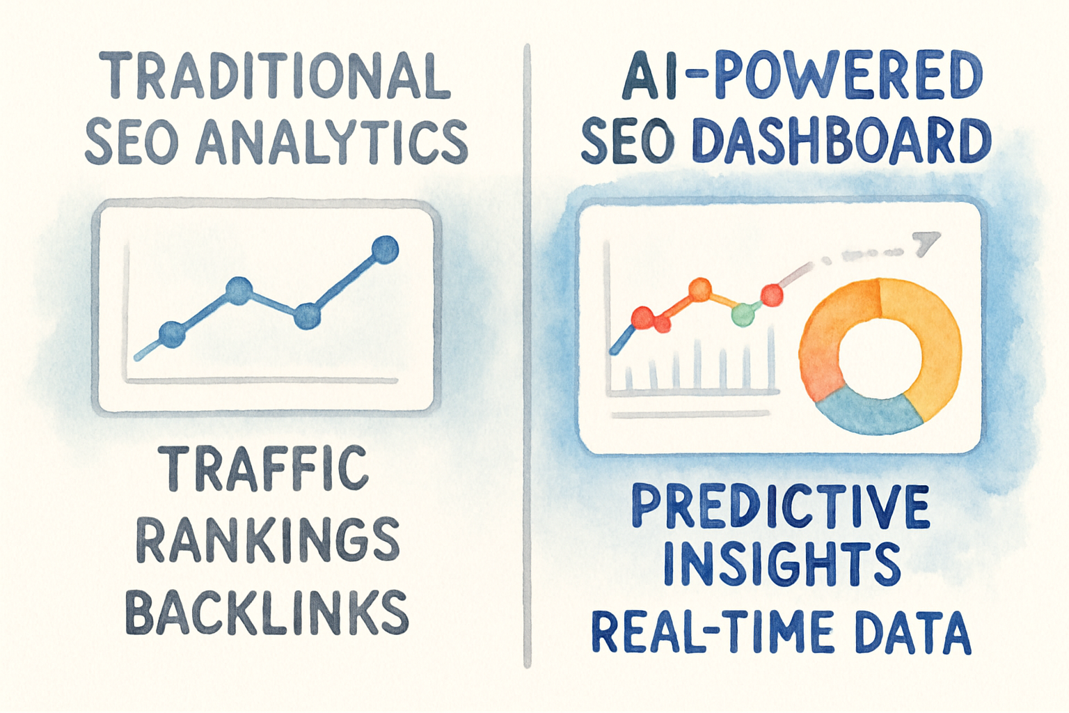 Visual comparison of traditional SEO analytics versus AI-powered dashboard benefits. Alt: AI dashboard for SEO improves over traditional SEO reporting with predictive insights and real-time data.