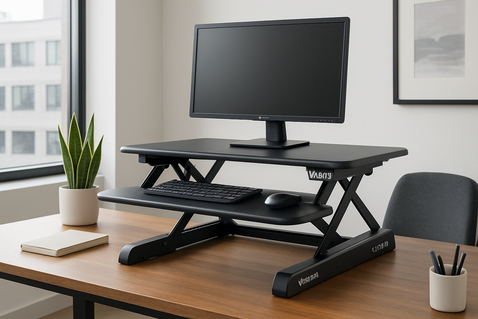 Illustration of the VariDesk Pro Plus 36 standing desk converter on a wooden desk in a contemporary office. Alt: Adjustable standing desk converter; VariDesk Pro Plus 36 model.