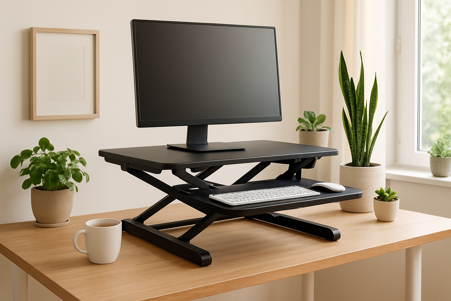 A well-organized standing desk workspace with adjustable standing desk converter, coffee cup, and plants. Alt: Ergonomic workspace with adjustable standing desk converter and productivity essentials.