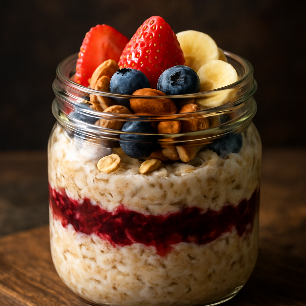 A bright, high‑contrast photo of a mason jar filled with layered overnight oats, topped with fresh fruit and nuts. Alt: Overnight protein oats for night‑shift nurses, nutrient‑dense breakfast jar