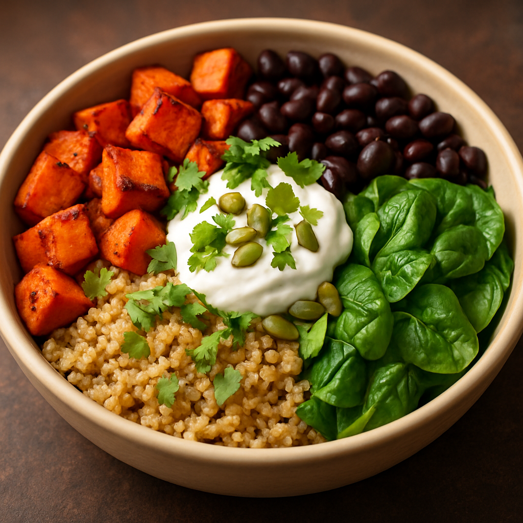 A bright, colorful bowl of roasted sweet potatoes, black beans, quinoa, spinach, and a dollop of Greek yogurt, topped with cilantro and pumpkin seeds. Alt: Sweet potato and black bean burrito bowl for night‑shift nurses, nutrient‑dense meal prep option.
