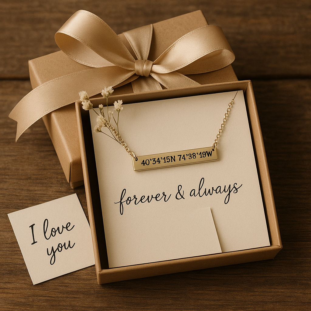 A beautifully wrapped gift box featuring a custom coordinates necklace with personalized notes and charming decorations. Alt: Custom coordinates necklace gift wrapped elegantly with personal notes.