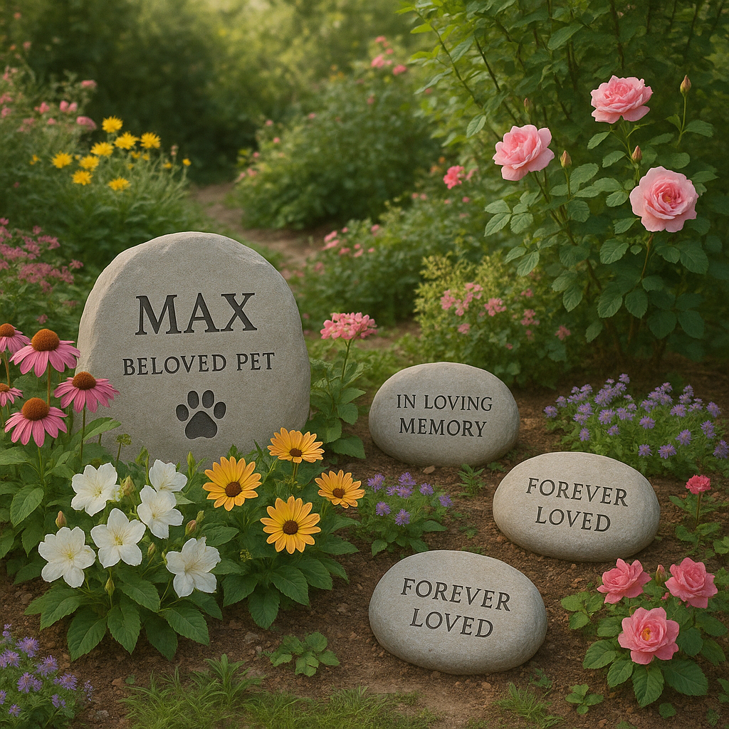 A peaceful, blooming garden with engraved memorial stones and flowering plants dedicated to a beloved pet. Alt: Personalized pet memorial gift garden with custom engraved stones and flowers.