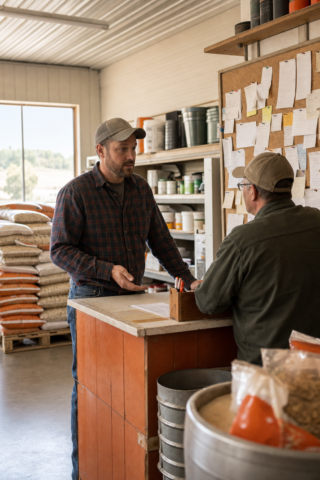 A photorealistic interior of a small-town feed store with bags of livestock feed stacked on wooden pallets and a handwritten community bulletin board near the counter, warm natural light through the front window