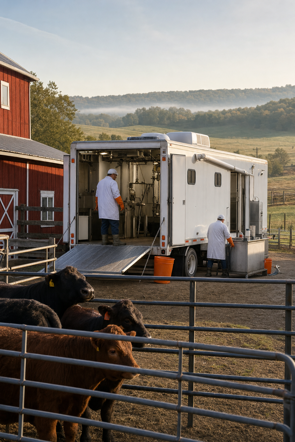 A photorealistic scene of a USDA mobile slaughter trailer parked beside a red barn on a small farm at morning, with livestock corral fencing in the foreground and rolling pasture behind