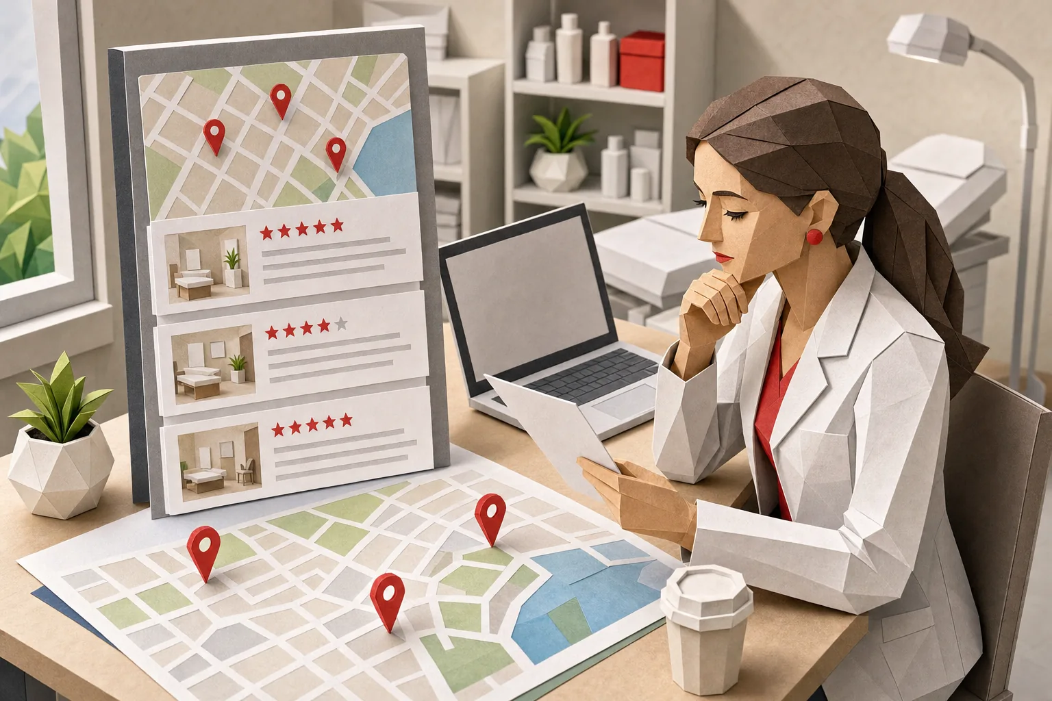 Papercraft illustration of local SEO for a multi-location med spa and Google Maps visibility.