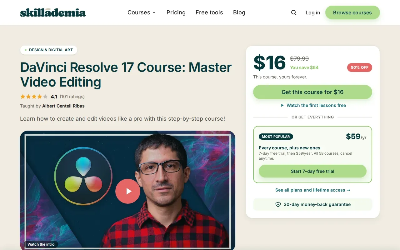 Screenshot of the DaVinci Resolve 17 Course for Beginners by Skillademia website
