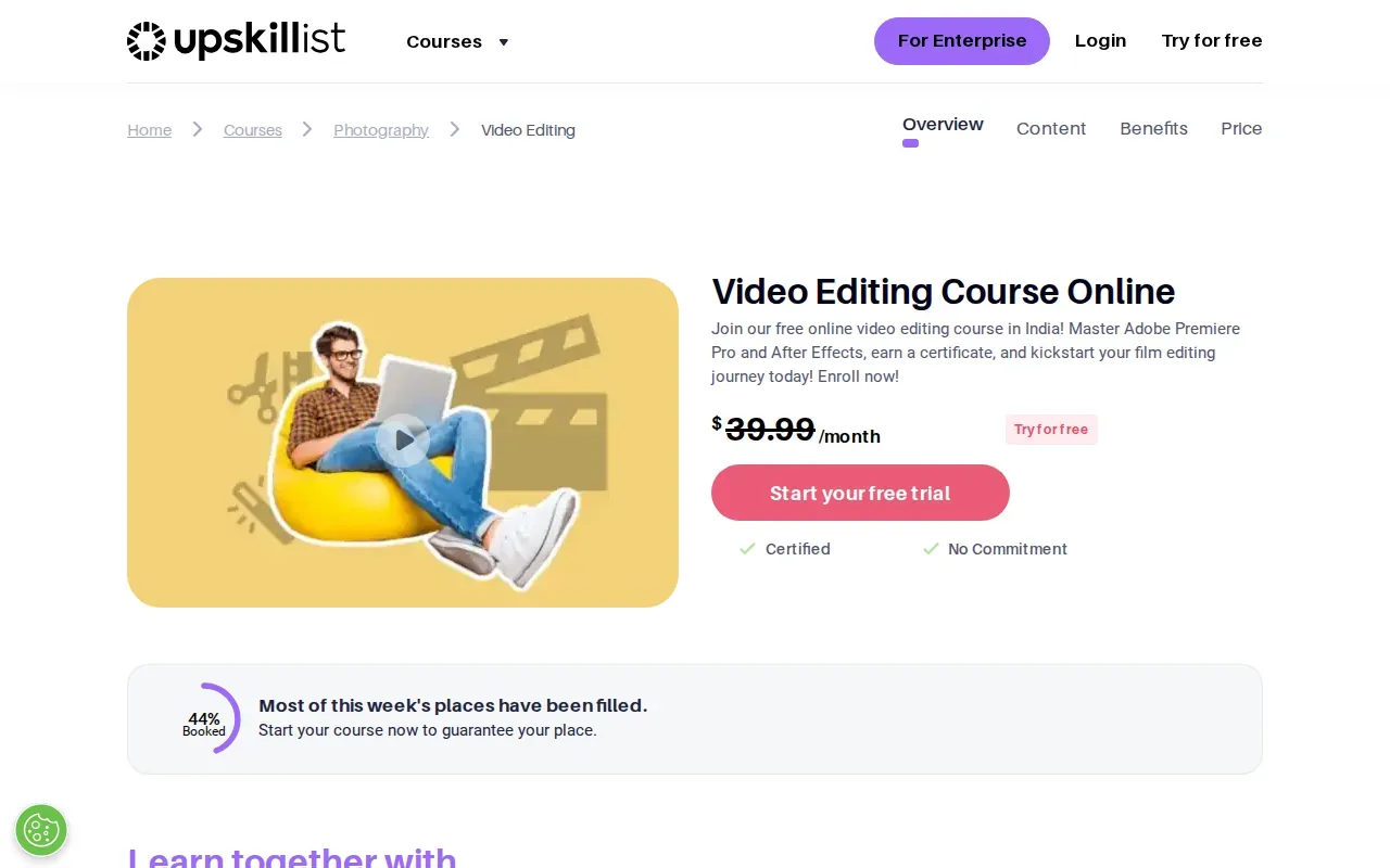 Screenshot of the Upskillist Video Editing Course website