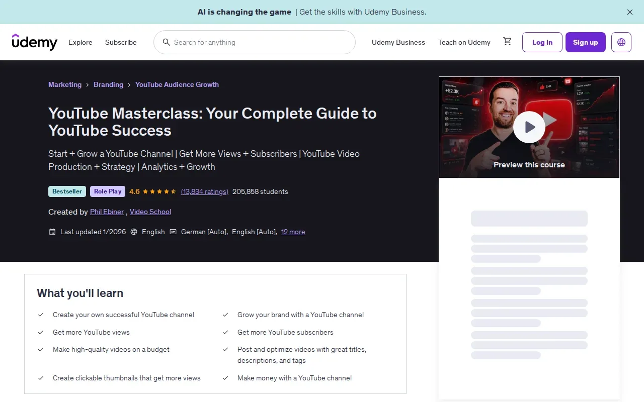 Screenshot of the YouTube Masterclass by Udemy website