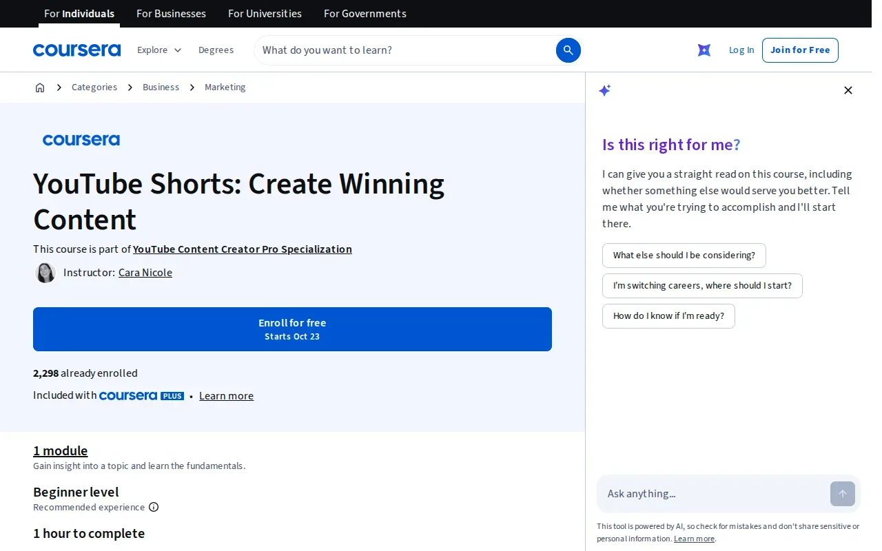 Screenshot of the YouTube Shorts Create Winning Content by Coursera website