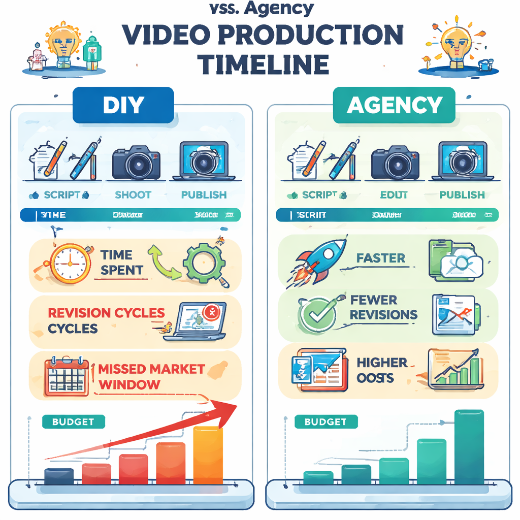 An illustration showing a side‑by‑side comparison of a DIY video production timeline versus an agency production timeline, highlighting hidden costs like time spent, revision cycles, and missed market windows, with visual icons representing budget, clock, and ROI, tailored for SaaS founders and product managers.