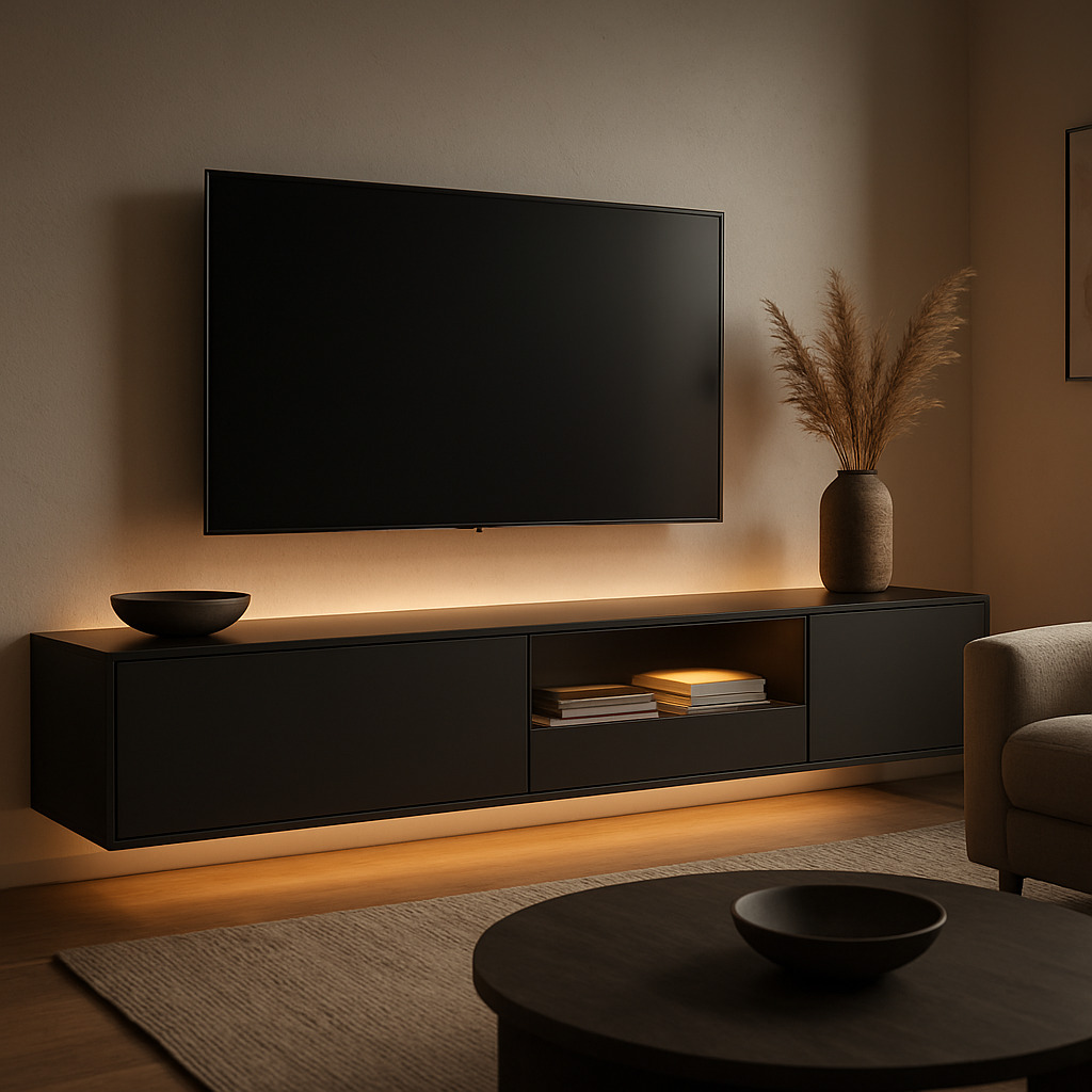 A modern living room with a sleek media unit that incorporates a discreet storage bay, ambient LED lighting, and a minimalist design. Alt: Stylish media storage unit in a contemporary home.