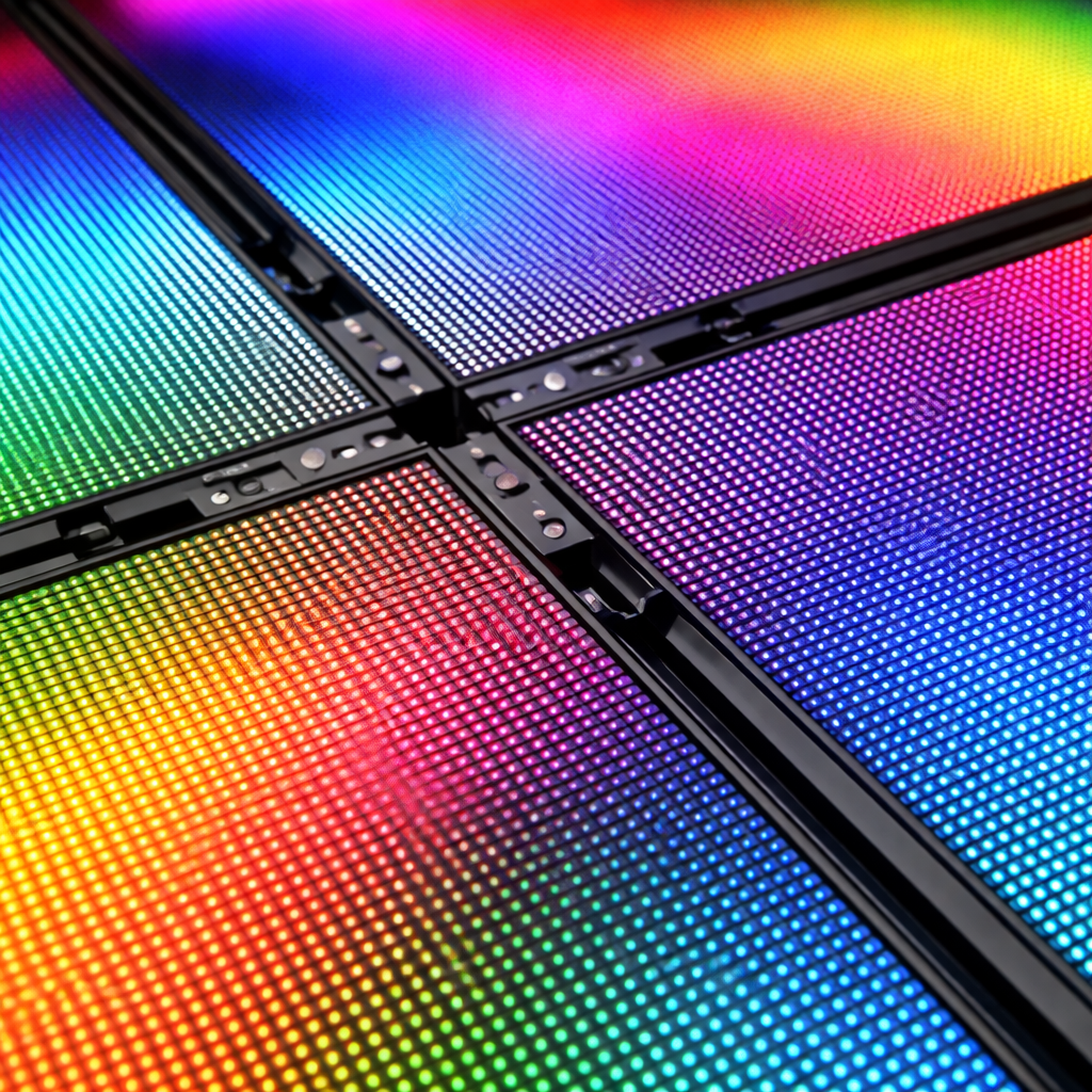 A realistic close‑up of a modular video wall panel grid showing tiny LED pixels, bright display surface and smooth edges. Alt: video wall panel modular tiles with high brightness and fine pixel pitch.
