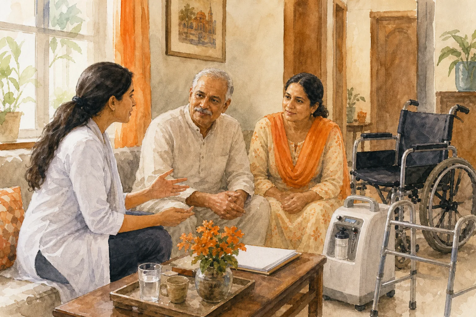 Family discussing a medical equipment rental service for home care in India.