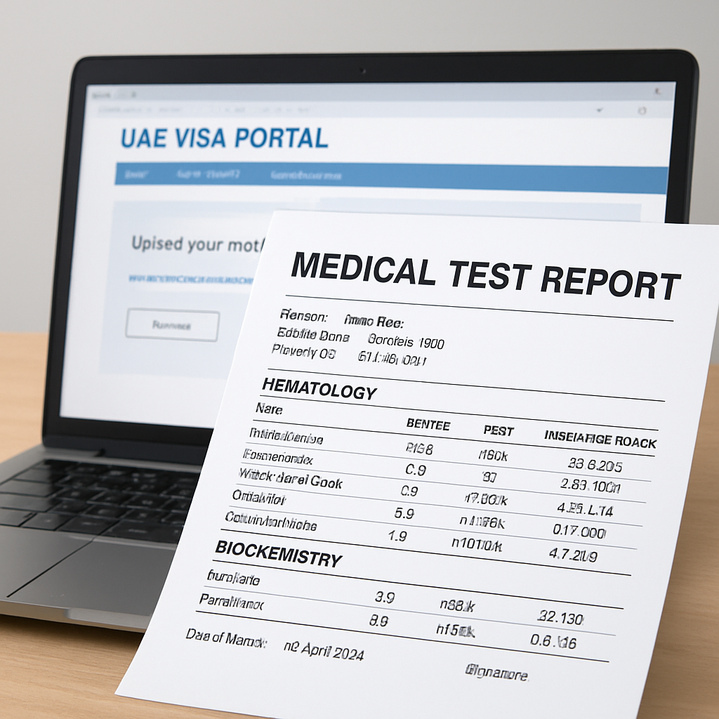 A clean digital PDF of a medical test report on a laptop screen, with a UAE visa portal visible in the background. Alt: medical test for uae free zone visa upload guide illustration.