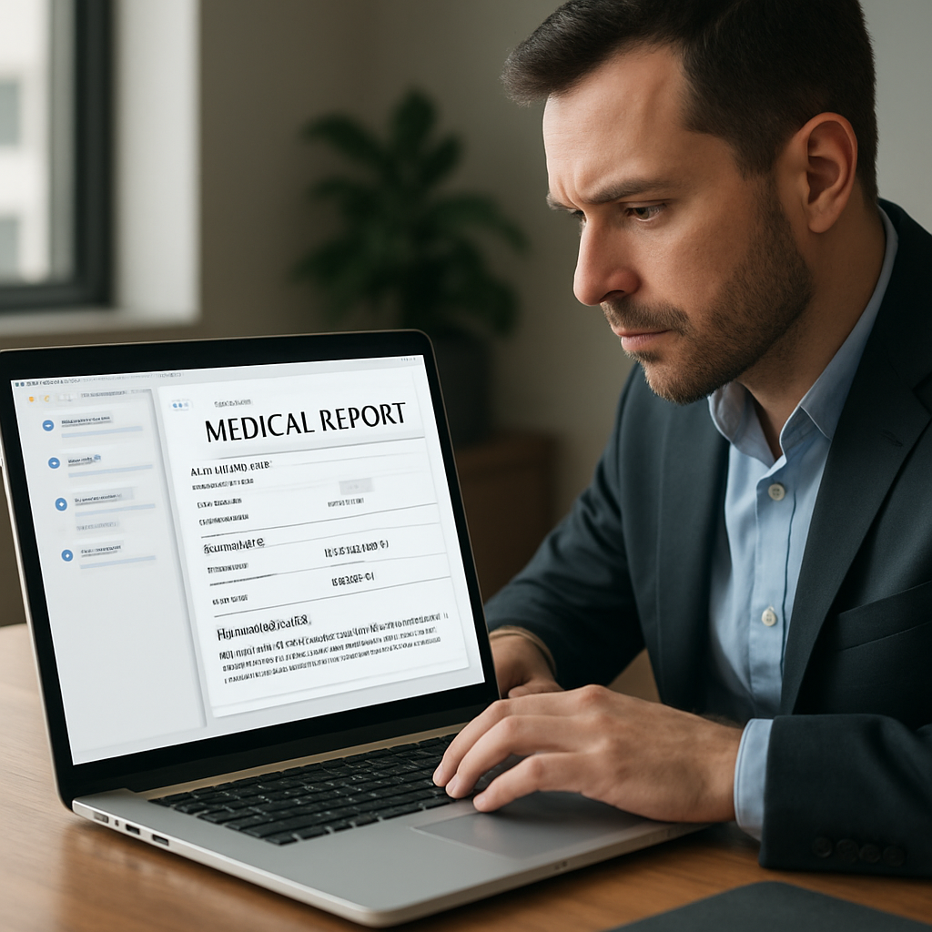A focused entrepreneur checking email notifications on a laptop while a digital medical report is displayed on screen, Alt: follow‑up process for UAE free zone visa medical test