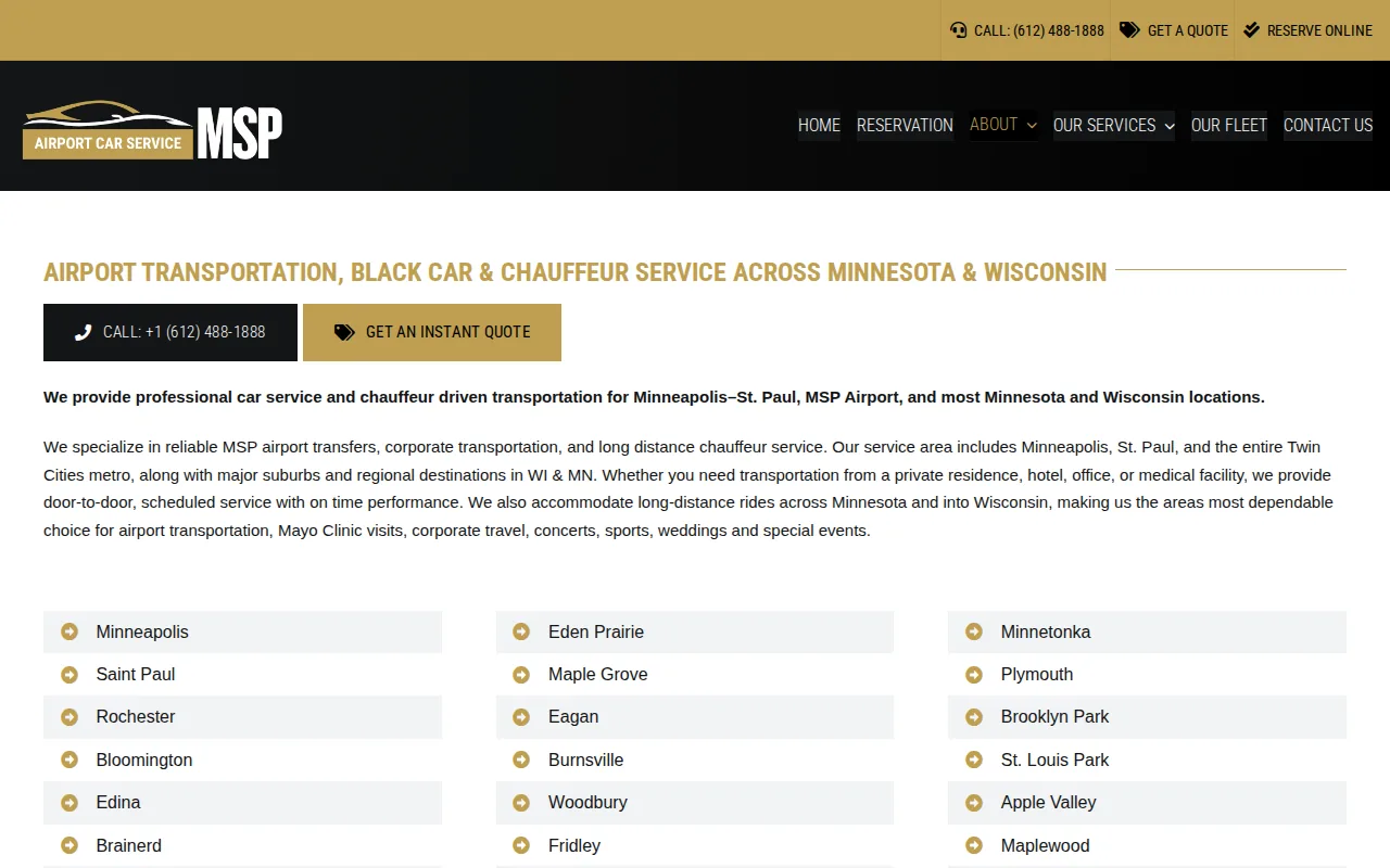 Screenshot of the Airport Car Service MSP website