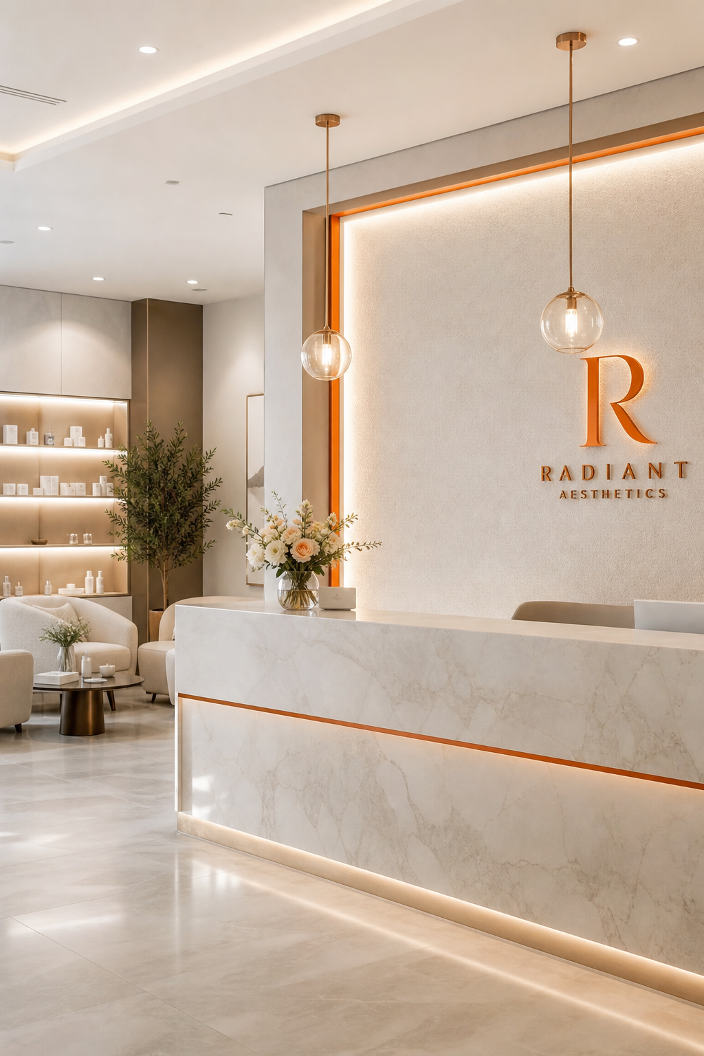 A photorealistic interior prompt for a luxury medspa, Realism style. Alt: Radiant Aesthetics interior.
