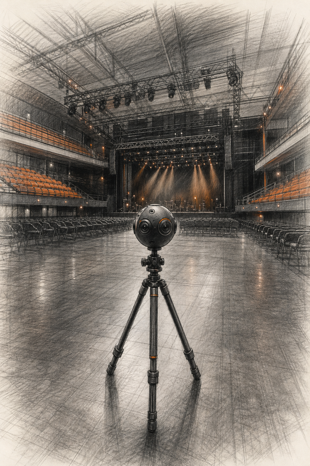 Meilleurs tarifs visite immersive 360 salle de concert 2026 1 A photorealistic sketch of a concert venue with a 360-degree camera setup on a tripod in the middle of an empty hall, stage lights dimmed, seats visible. Alt: Visite immersive 360 salle de concert tarif forfait tout-en-un