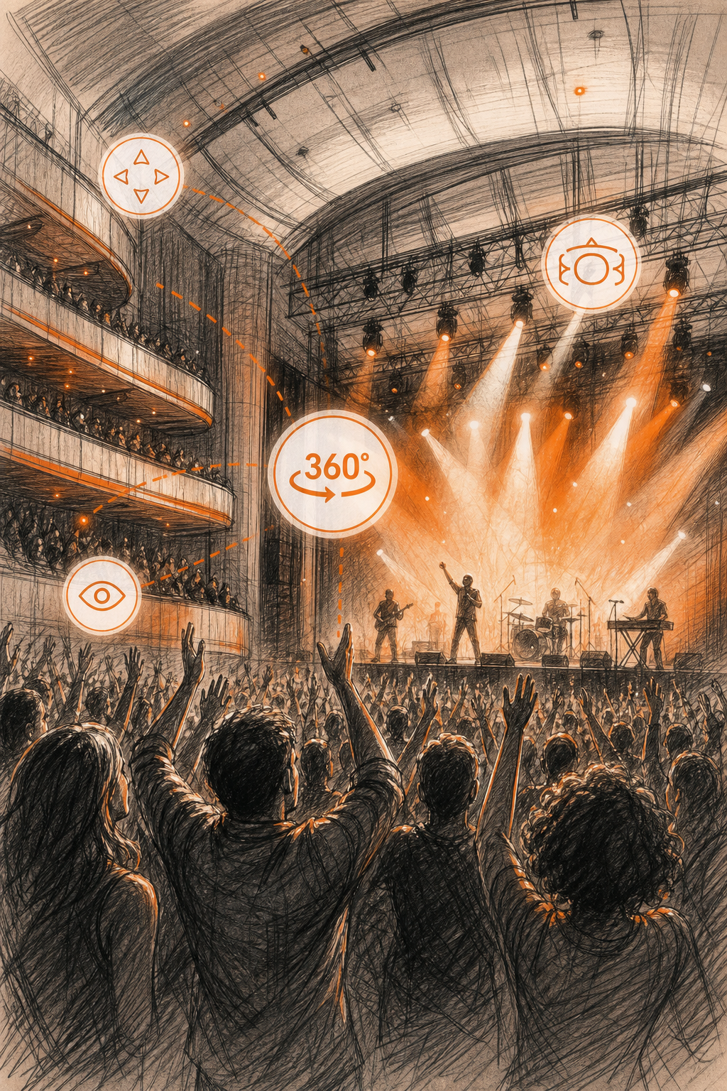 Meilleurs tarifs visite immersive 360 salle de concert 2026 2 A sketch of a concert hall during a live event, with virtual tour icons floating in the air, audience cheering, stage lit. Alt: Visite immersive 360 salle de concert tarif paiement à l'acte