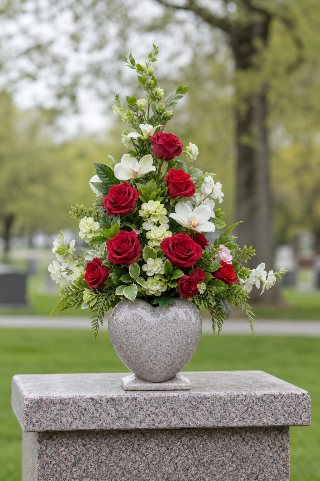 Heart-shaped vase with Gates of Heaven arrangement, realistic silk roses and orchids on a stone grave marker, soft natural lighting