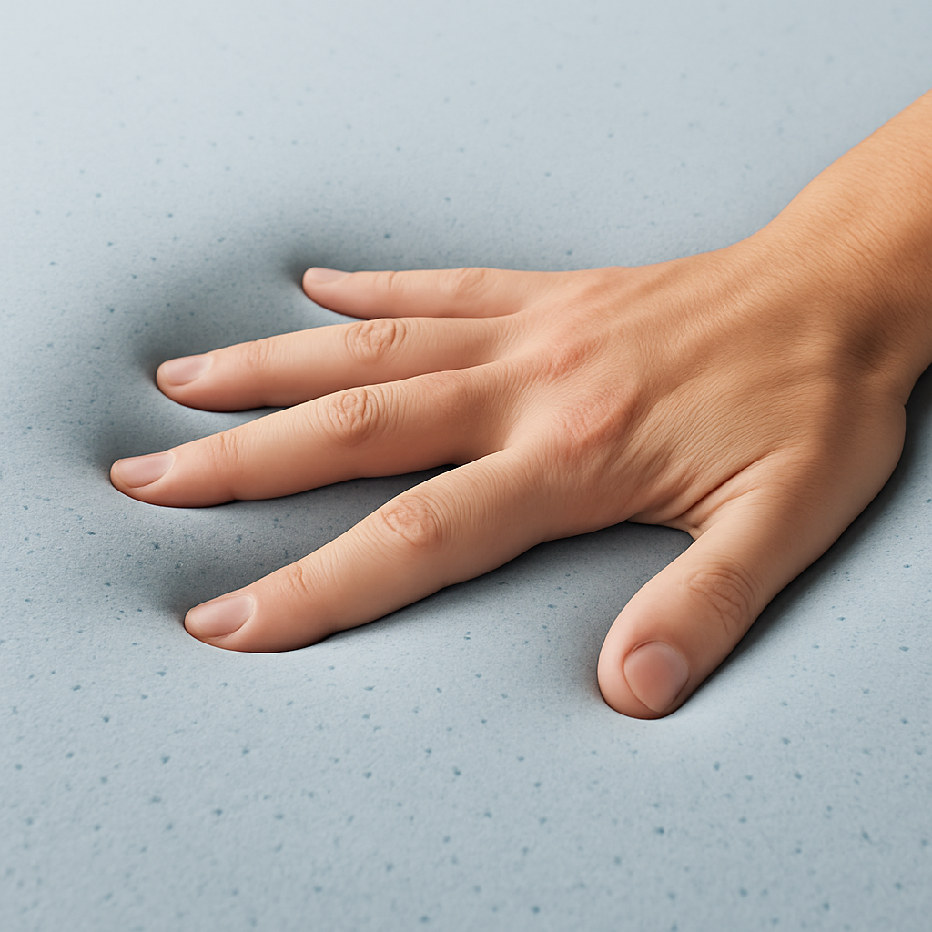 Close-up of a hand pressing into a graphene-infused memory foam top layer, showing compression and quick recovery. Alt: Graphene-infused memory foam compression and recovery, memory foam mattress buying guide australia.