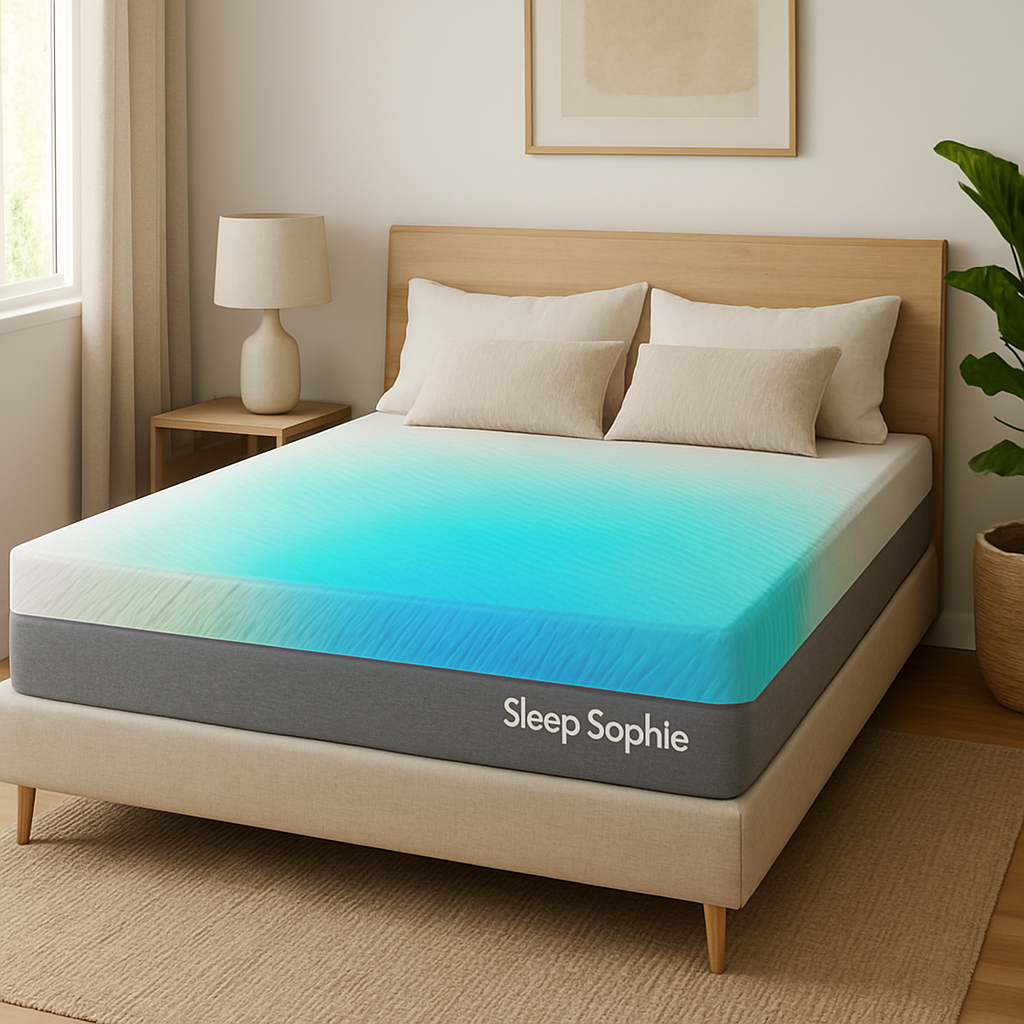 A modern Australian bedroom with a Sleep Sophie graphene‑infused memory foam mattress, showing a subtle blue‑green temperature gradient overlay to illustrate cooling zones. Alt: Compare top memory foam mattress brands Australia cooling performance.