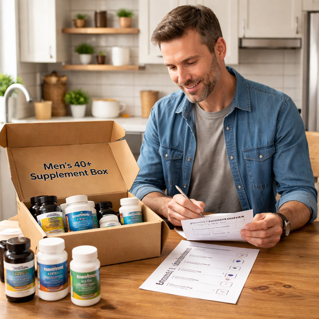 A photorealistic scene of a man in his early 40s opening a supplement subscription box on a kitchen table, checking a simple checklist of vitamins, alt: Men over 40 supplement subscription box self-check.