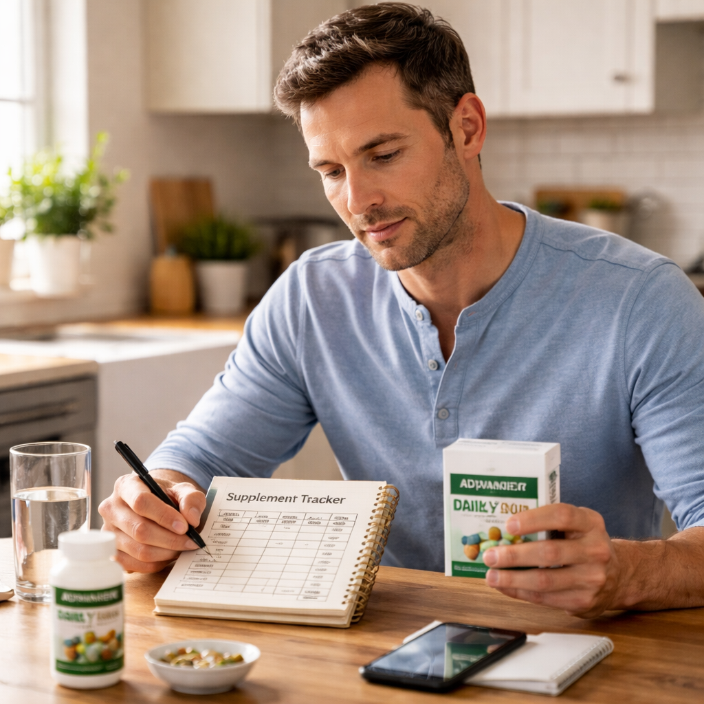 A photorealistic scene of a man in his early 40s sitting at a kitchen table, holding a notebook and a supplement box, checking off daily energy and sleep notes. Alt: man tracking supplement results with notebook.